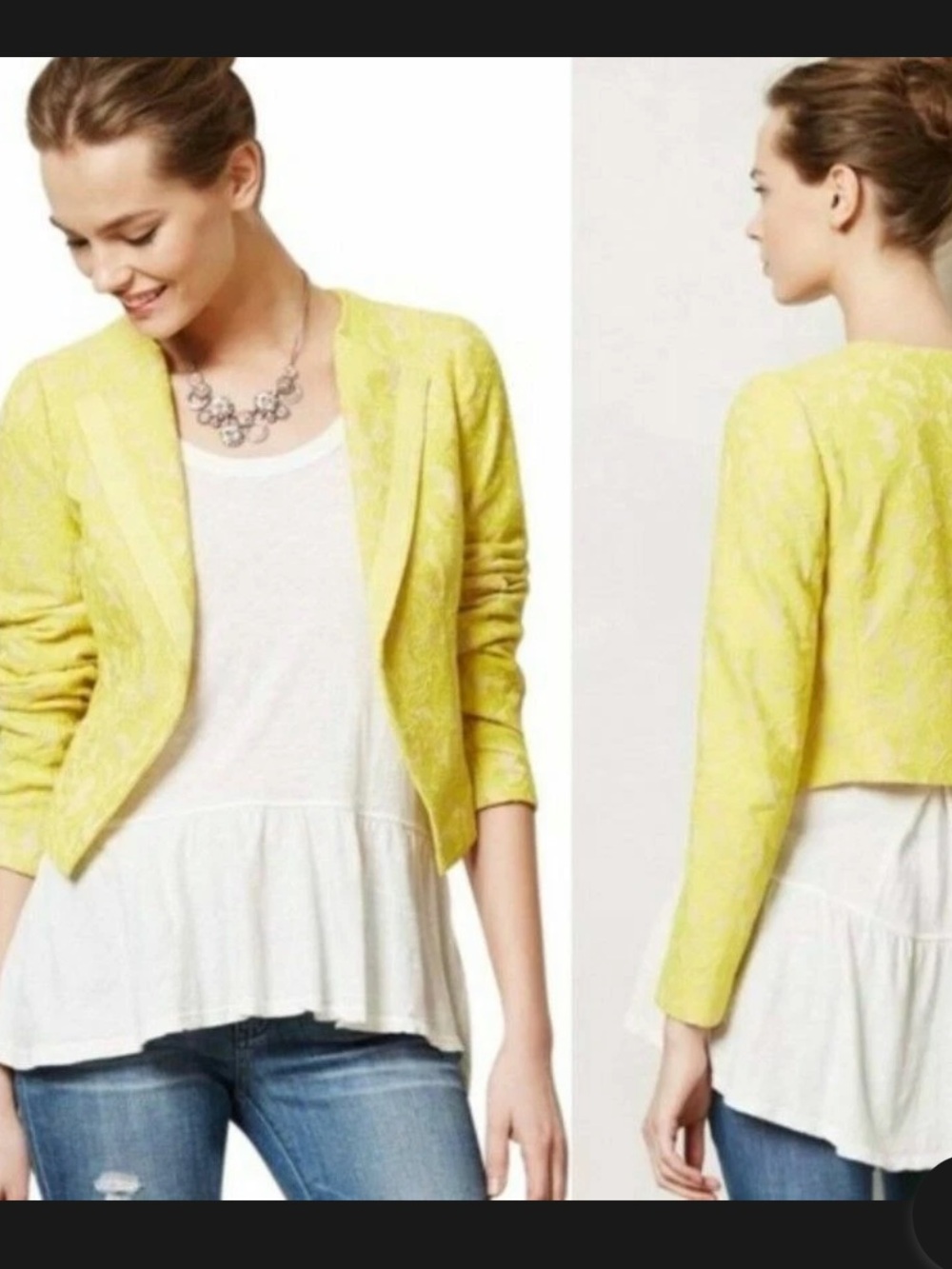 Anthropologie elevenses Yellow Lace Cropped Blazer size 6 euc